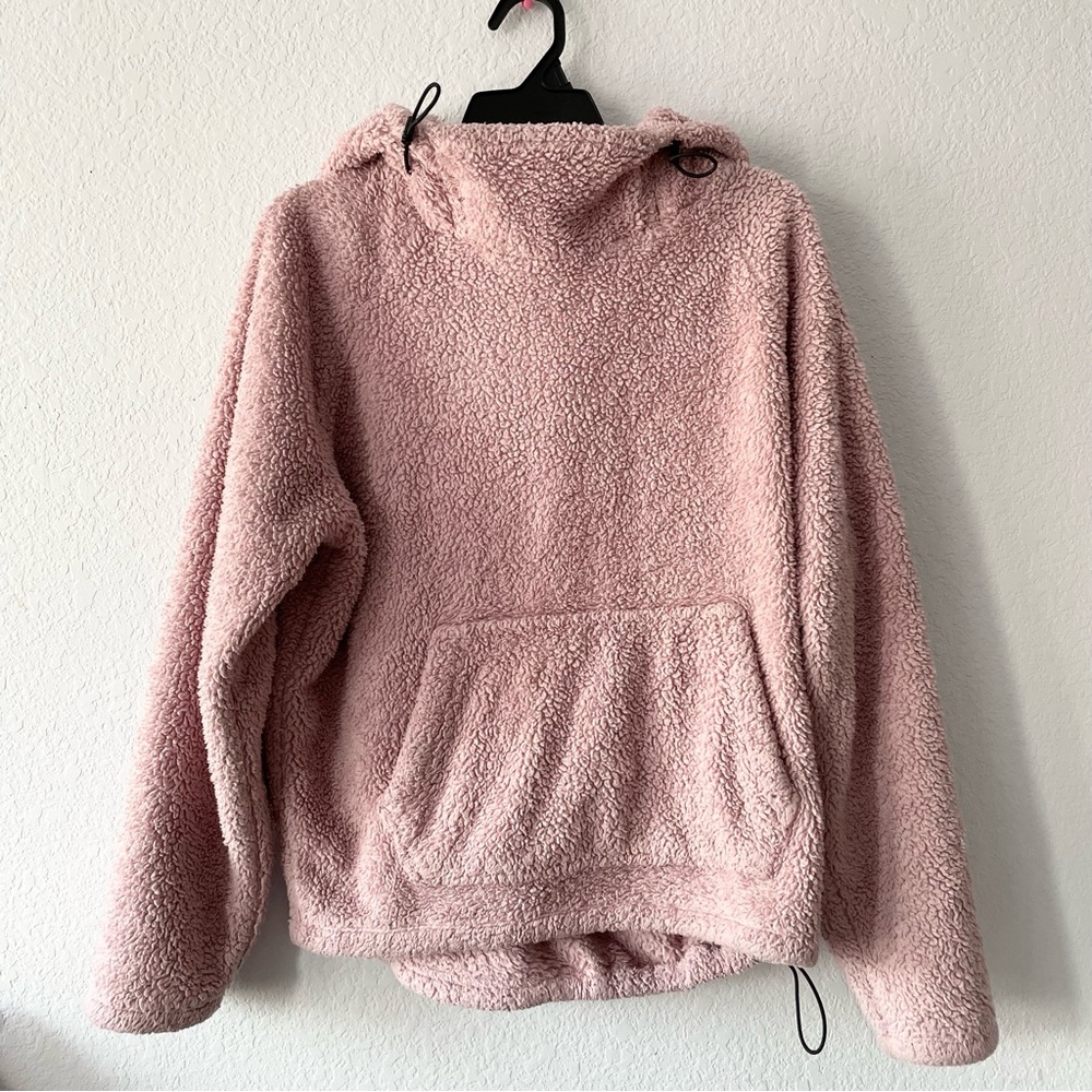 Pink Victoria’s Secret Adjustable Pink Sherpa Teddy Pull Over Hoodie Size XS